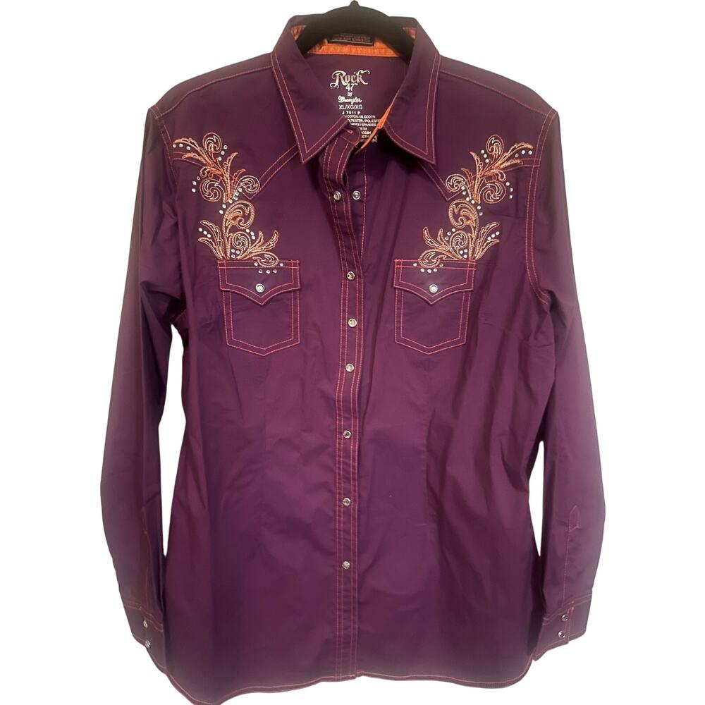 Rock 47 by Wrangler Women’s XL Purple Western Snap Shirt Rhinestone Embroidered